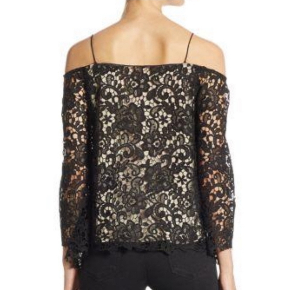 Alice+Olivia Prena Silk Blend Lace Trumpet Sleeve Top Black Size Small NWOT - Picture 6 of 15